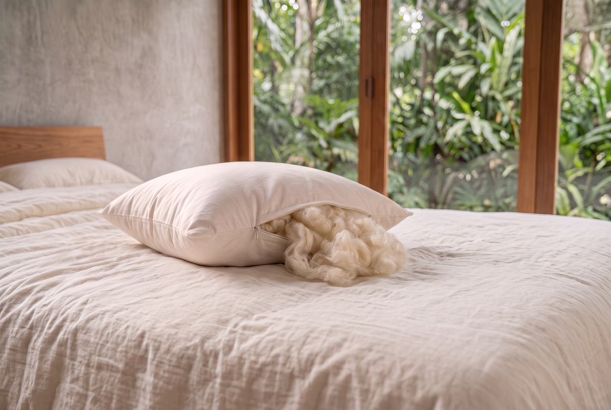 MAREA kapok pillow on a linen bed with the zipper open and silky wild harvested kapok fill easing out, showing how the loft is adjusted