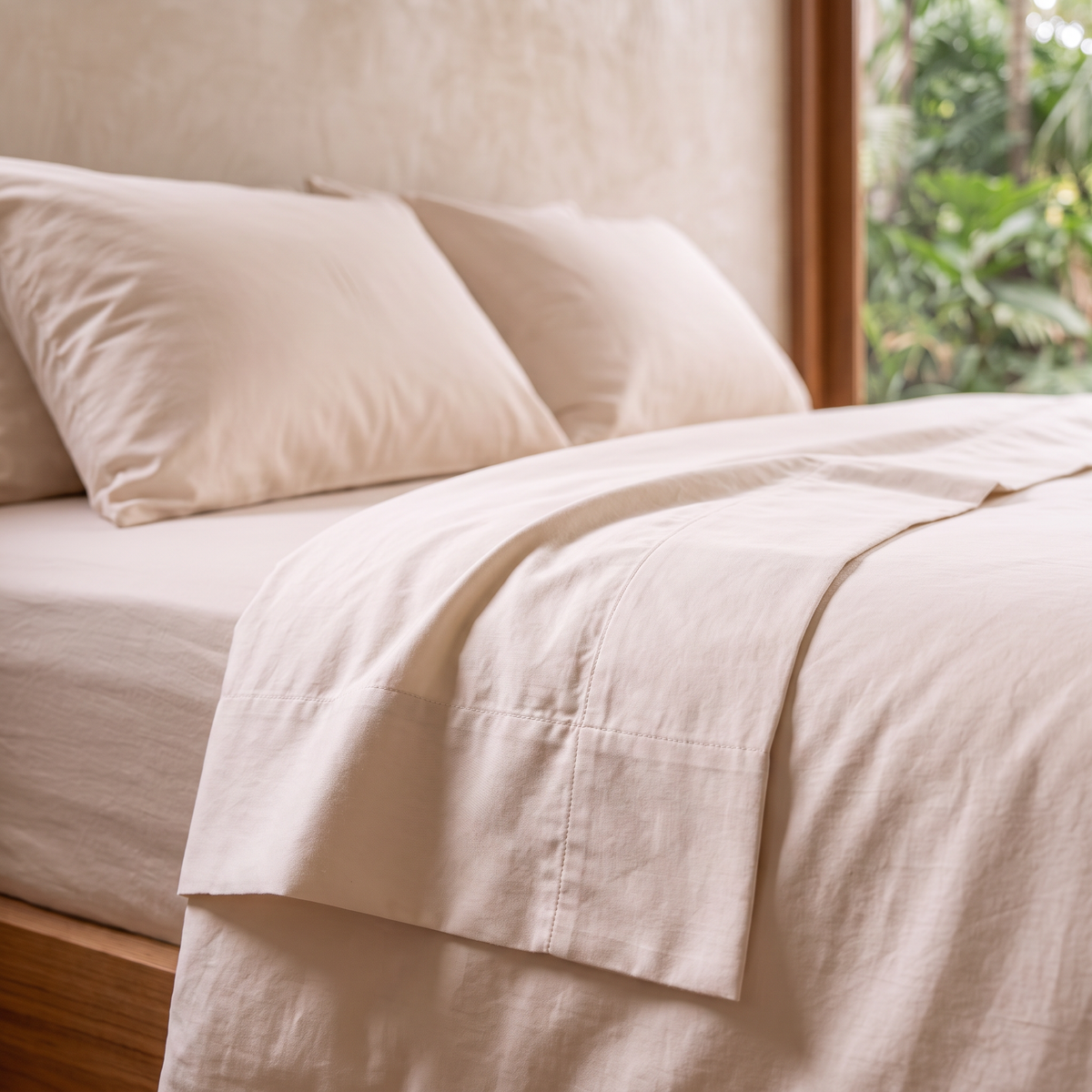 Close up of the MAREA organic cotton sateen flat sheet cuff, showing the smooth low sheen of the weave
