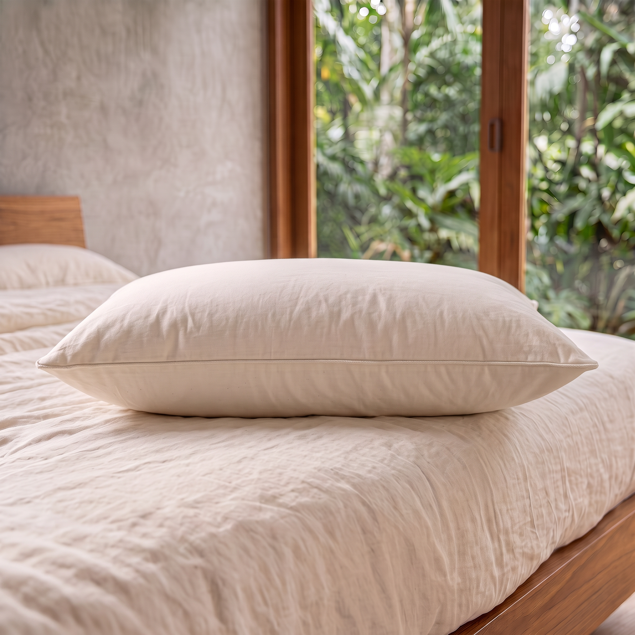 Side profile of the MAREA kapok pillow resting on linen bedding, showing its soft natural loft tapering toward the piped edge