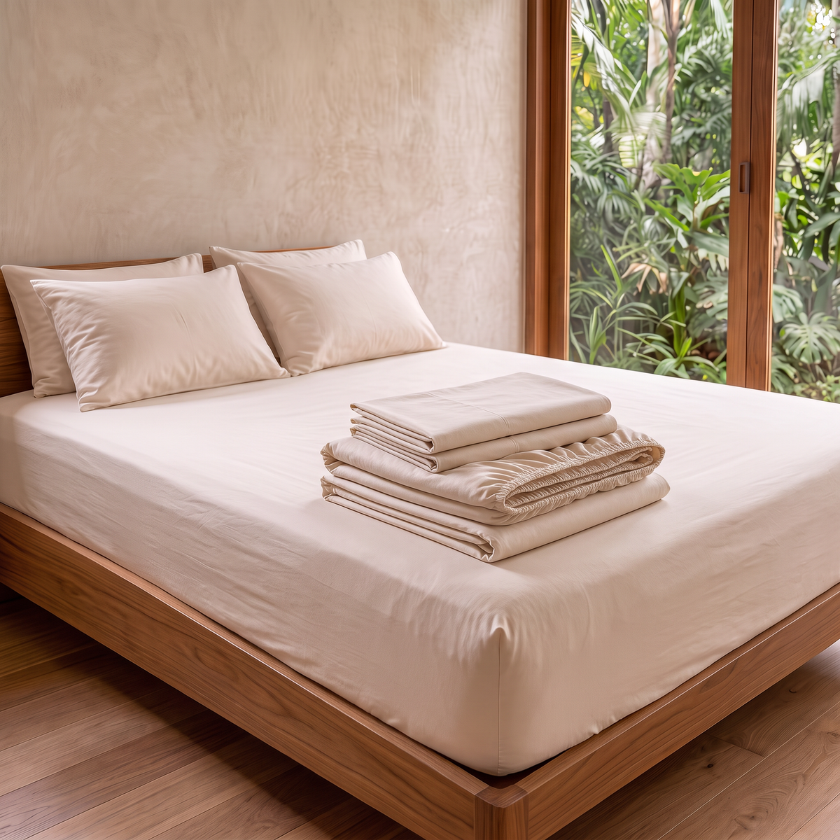 Folded MAREA organic cotton sateen fitted sheet, flat sheet and pillowcases stacked on the bed