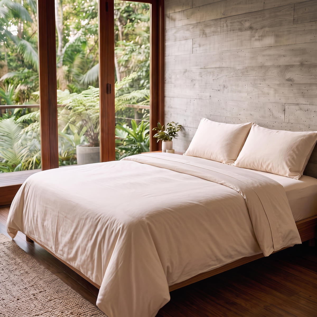 MAREA Organic Cotton Sateen Duvet Cover in natural ivory on a walnut platform bed beside tall windows with tropical greenery