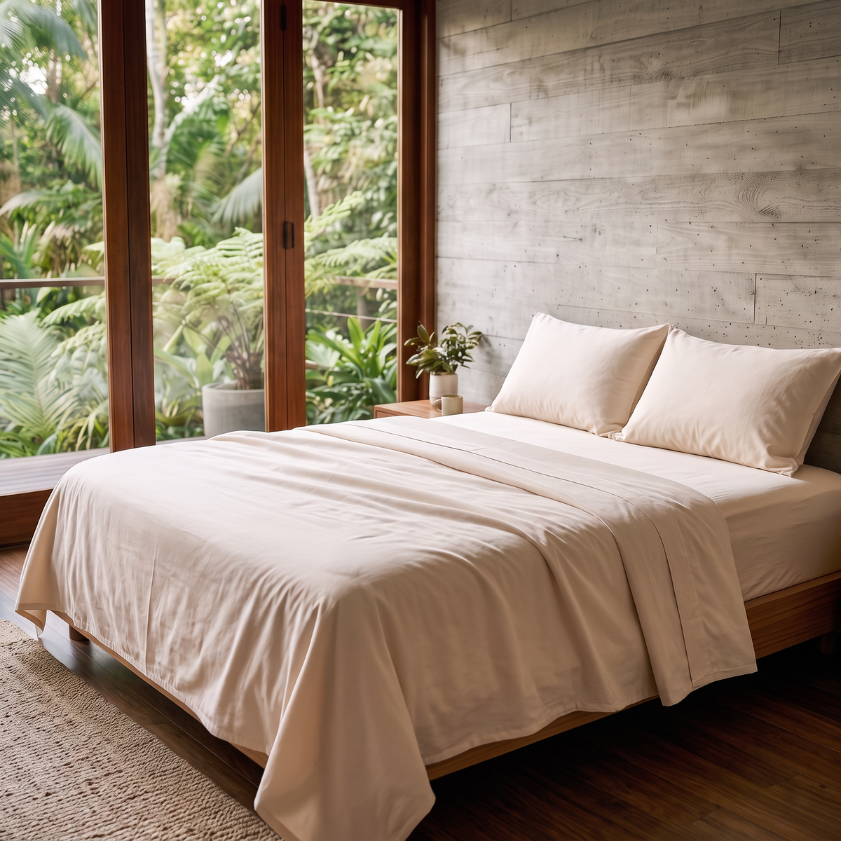 MAREA Organic Cotton Sateen Sheet Set in natural ivory on a walnut platform bed beside tall windows with tropical greenery