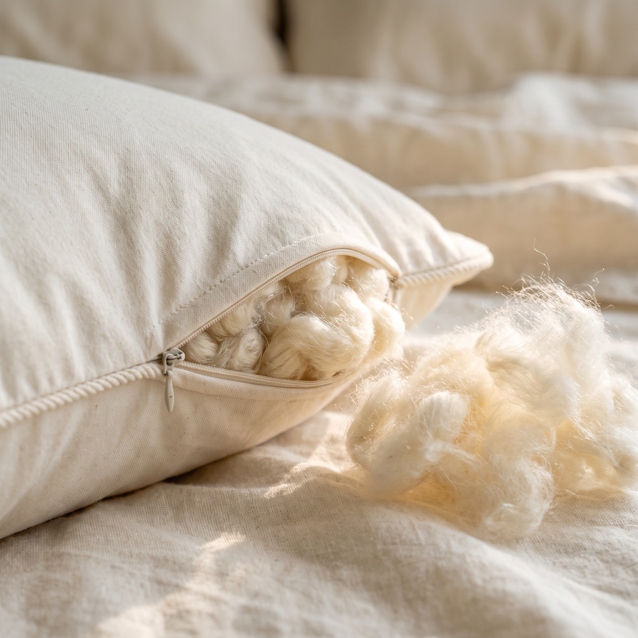 Close up of the unzipped end of a MAREA kapok pillow with silky wild harvested kapok fiber spilling onto linen bedding