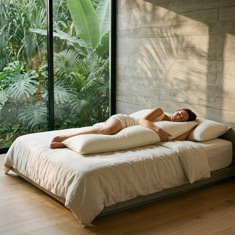 Woman side sleeping with the MAREA kapok body pillow running from under her chin down between her knees in a sunlit bedroom