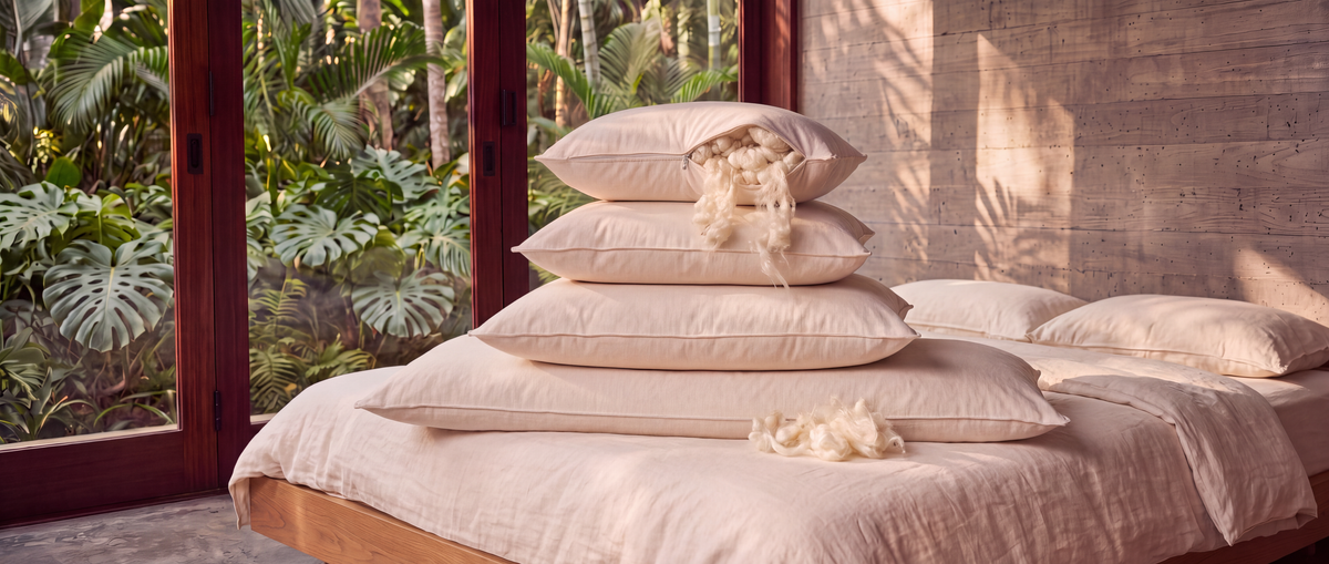 MAREA kapok pillows stacked on a linen bed by size, body pillow, king, queen and standard, the standard unzipped with silky wild harvested kapok showing, jungle foliage through wood framed windows