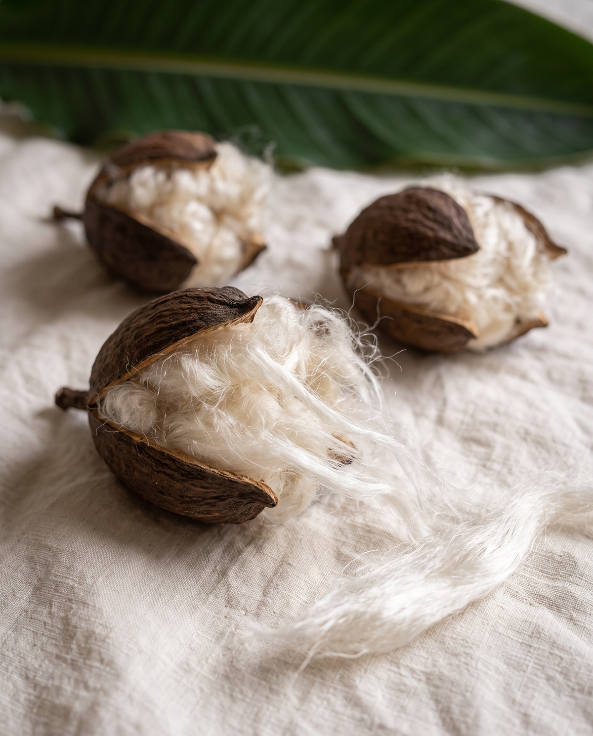 Kapok seed pods split open with silky wild harvested kapok fiber