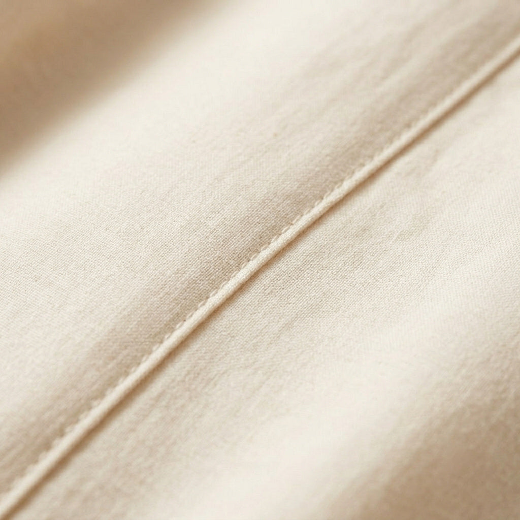 Close-up of the GOTS certified organic cotton sateen cover and stitched seam on the MAREA kapok pillow