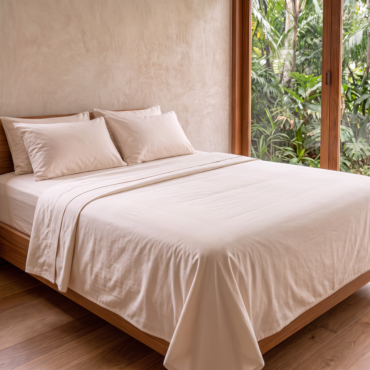 MAREA organic cotton sateen sheet set in natural ivory on a walnut platform bed in a sunlit tropical bedroom