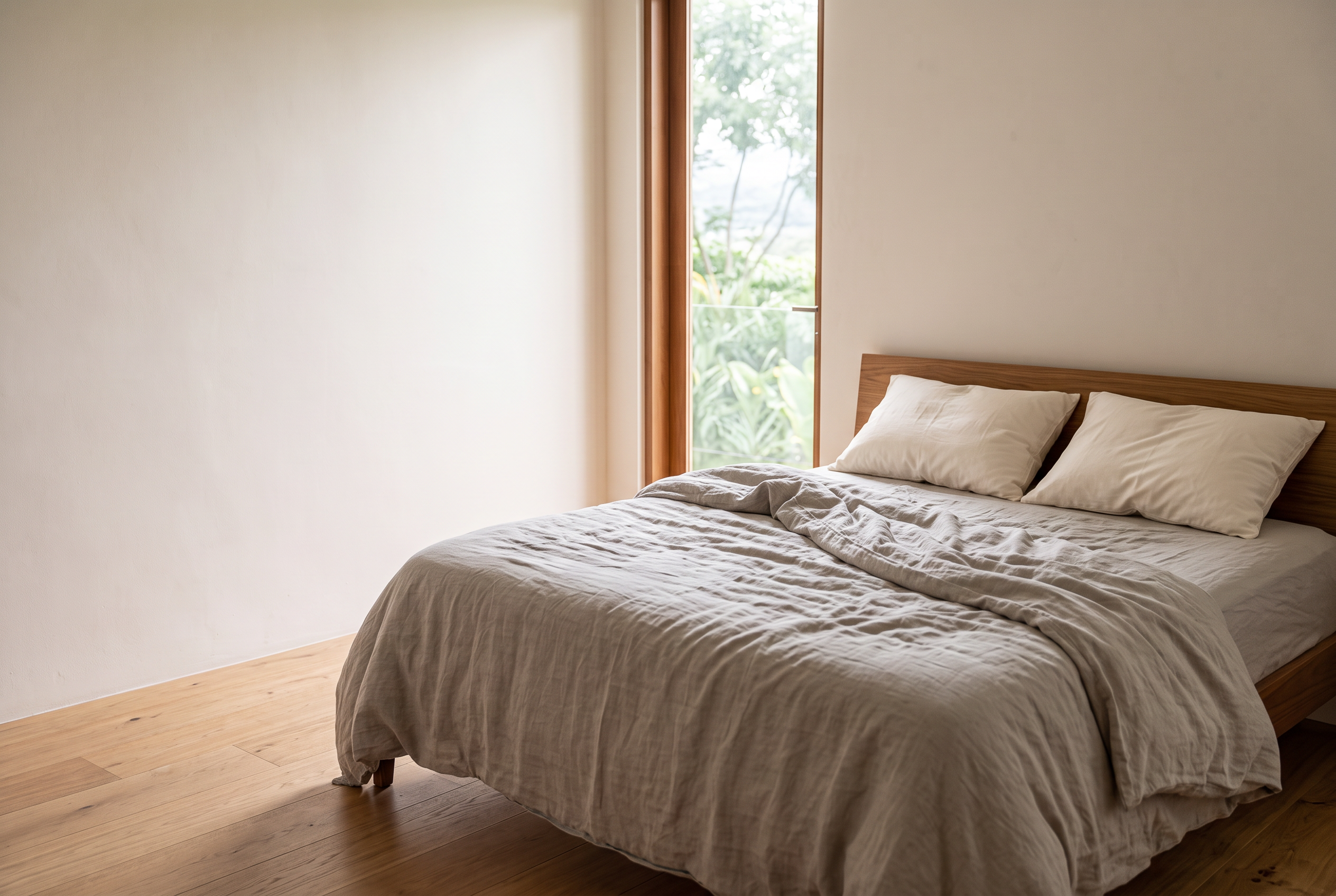 An unmade bed in early morning light with MAREA kapok pillows resting against a wood headboard and tropical greenery beyond the window
