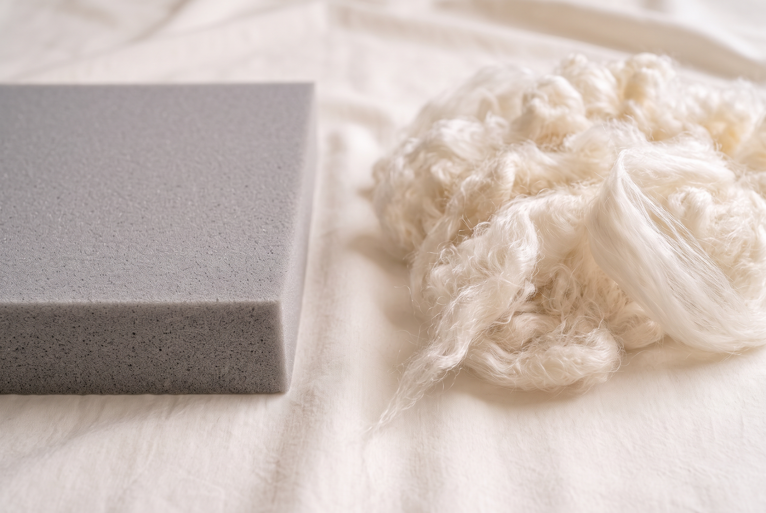 A grey block of memory foam beside a drift of silky ivory kapok fibre on undyed cotton, showing the difference between a solid synthetic foam and a loose plant fibre
