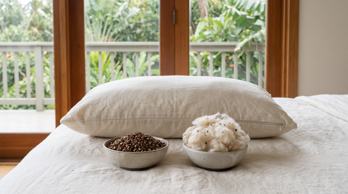 A bowl of buckwheat hulls beside a bowl of loose wild harvested kapok fiber in front of a MAREA kapok pillow