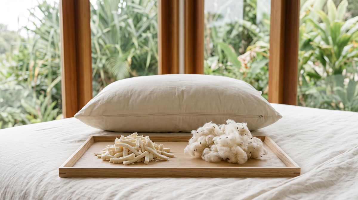 Shredded natural latex and loose wild harvested kapok fiber on a wooden tray in front of a MAREA kapok pillow