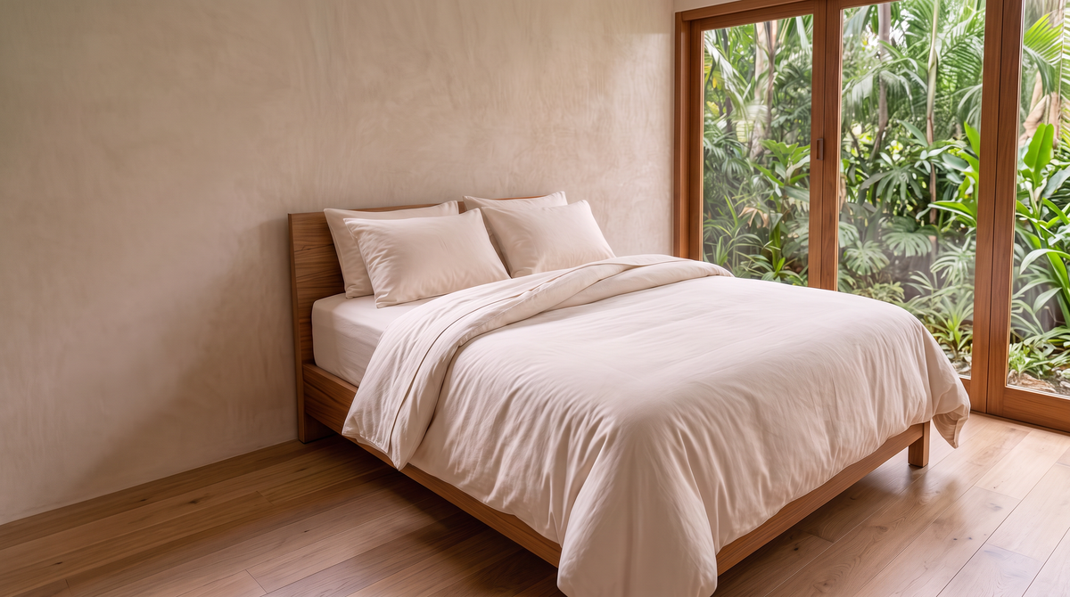 MAREA organic cotton bedding on a walnut bed in a sunlit tropical bedroom