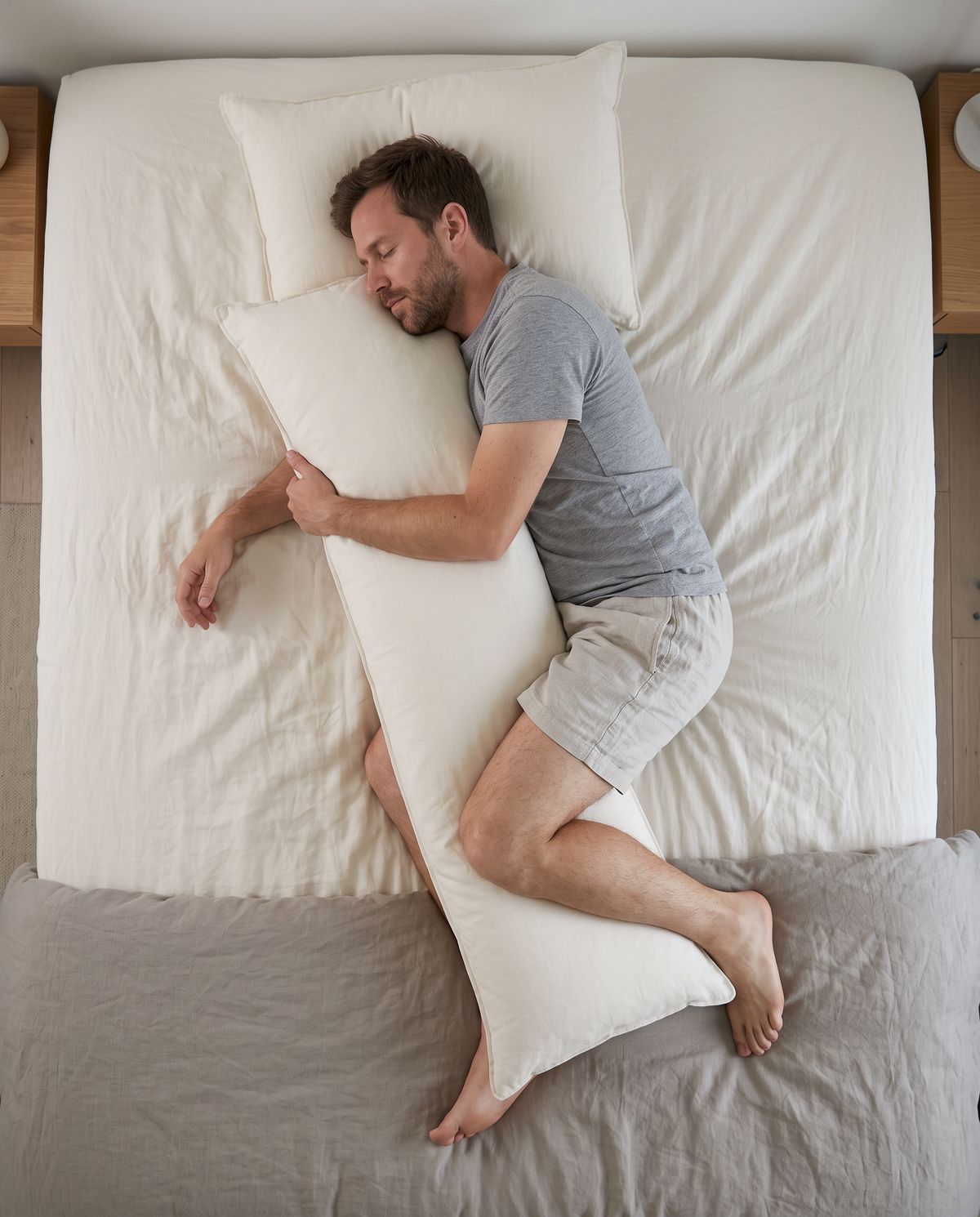 Overhead view of a side sleeper hugging a long kapok body pillow between his knees