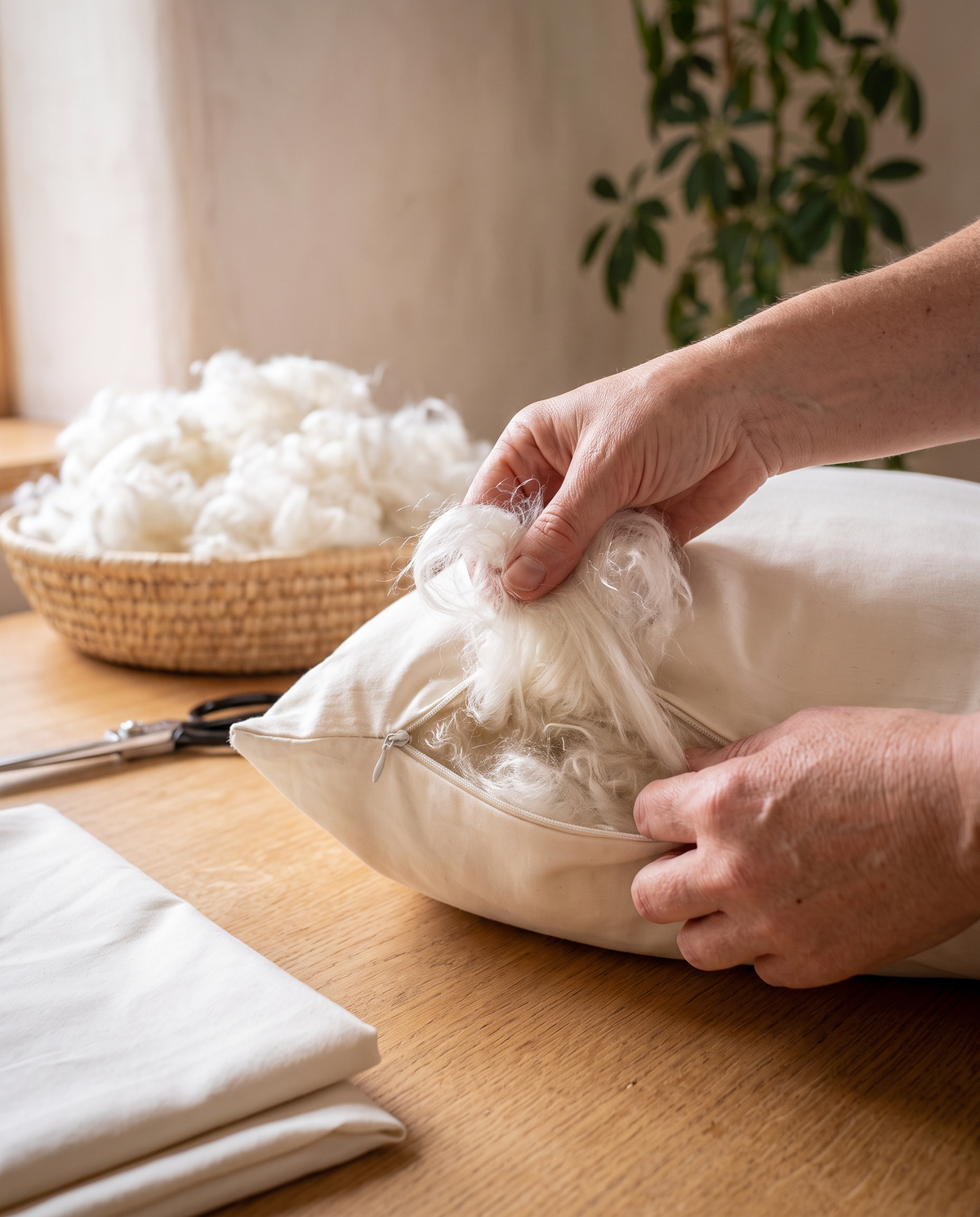 Hands filling an organic cotton sateen pillow shell with kapok at a wooden workbench