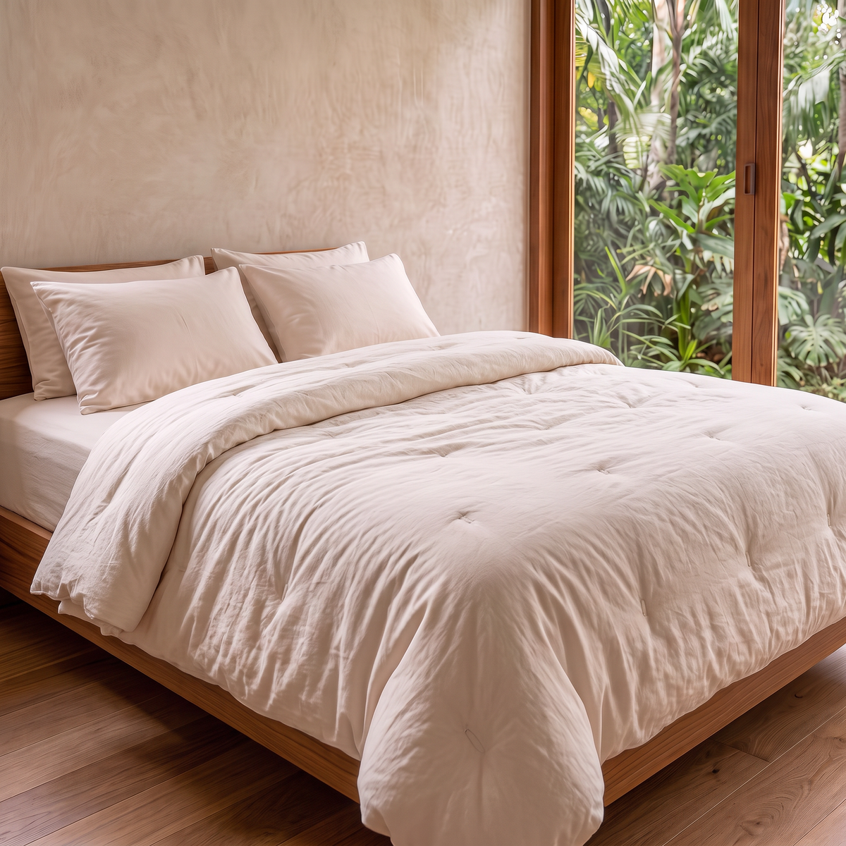 MAREA Organic Cotton Duvet spread loosely across a walnut platform bed in a sunlit tropical bedroom, hand tufted organic cotton with no cover