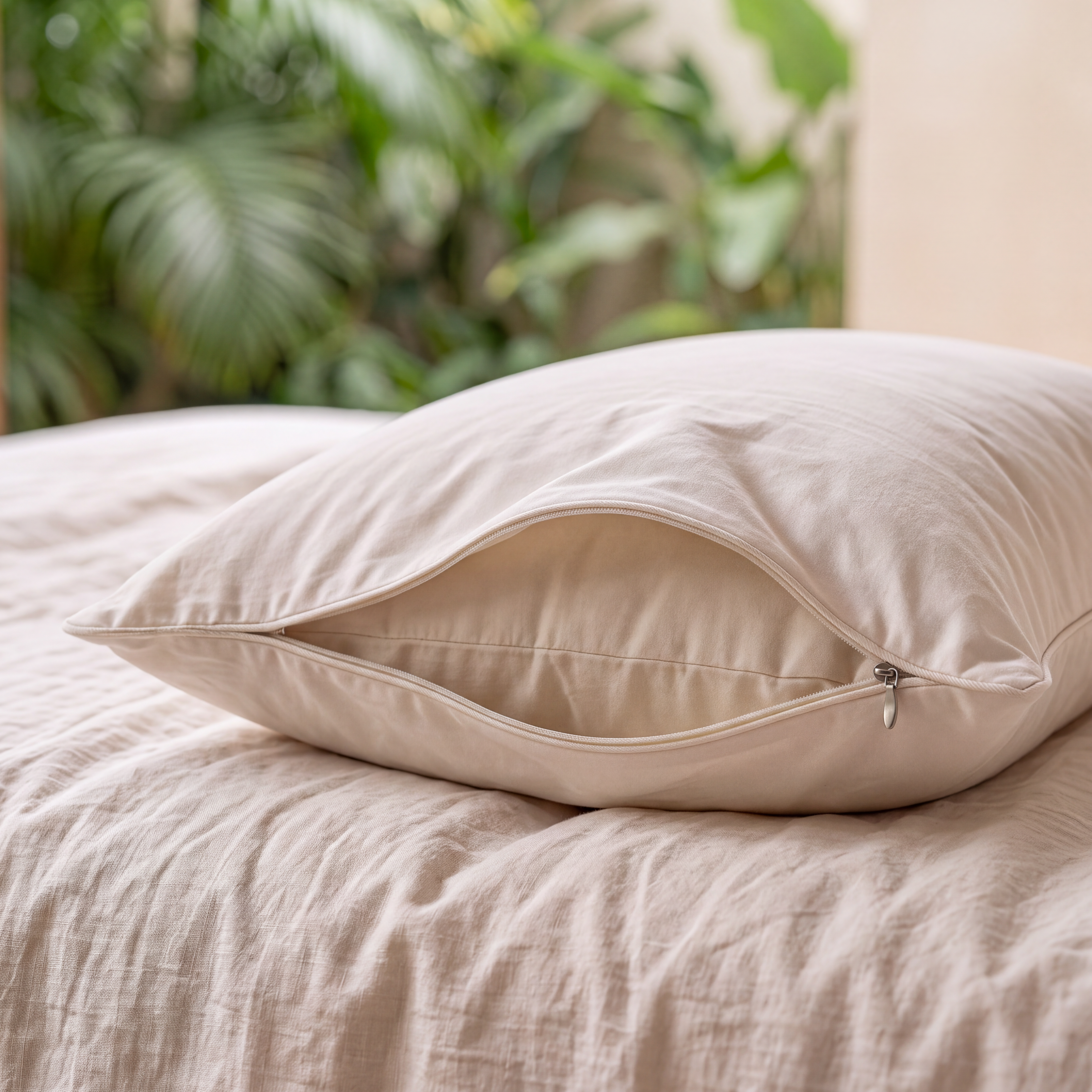 MAREA organic cotton sateen pillow cover unzipped on a bed, showing the kapok pillow inside
