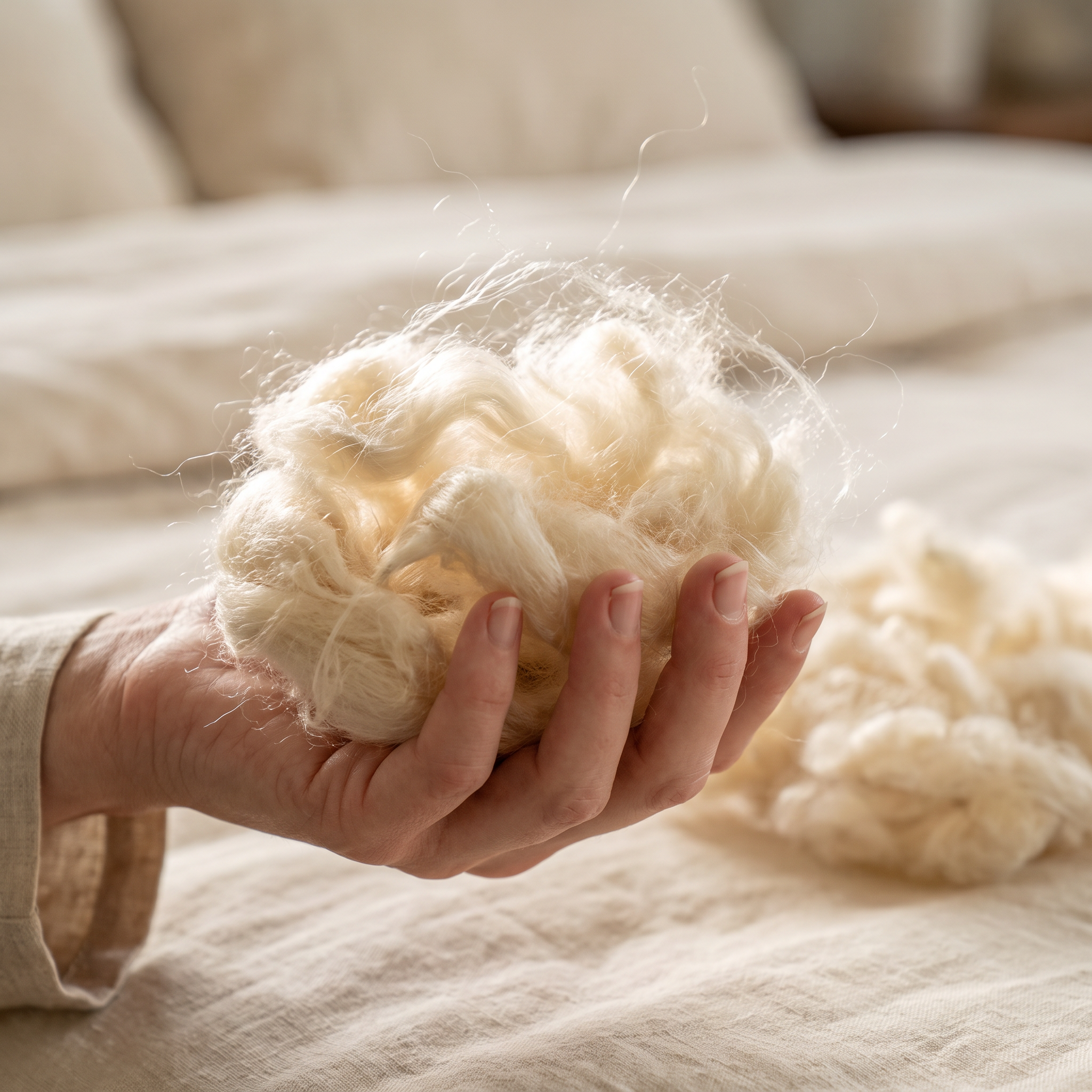 A handful of silky wild harvested kapok fiber held in an open palm, fine filaments catching soft daylight