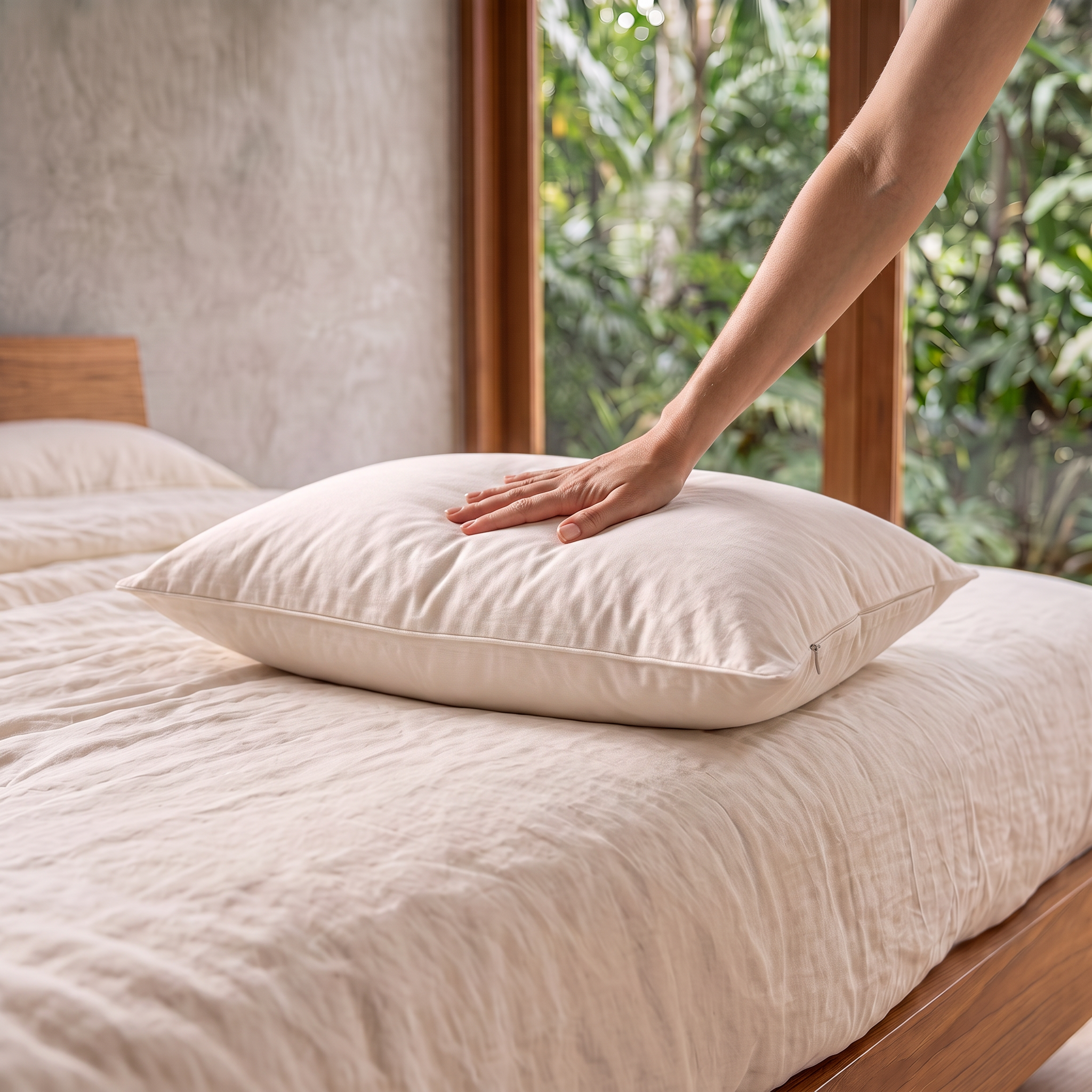 A hand pressing gently into the MAREA kapok pillow on a linen bed, showing the soft adjustable give of the wild harvested kapok fill