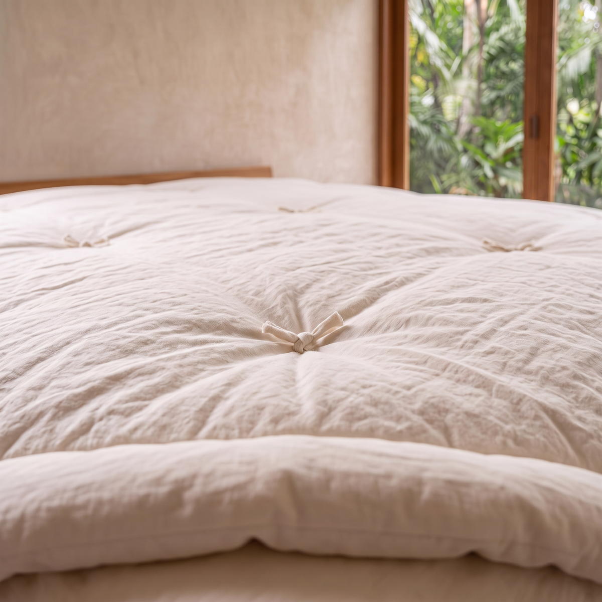 Close up of a hand tufted cotton tie on the MAREA organic cotton duvet, with the thick layered cotton fill visible at the edge