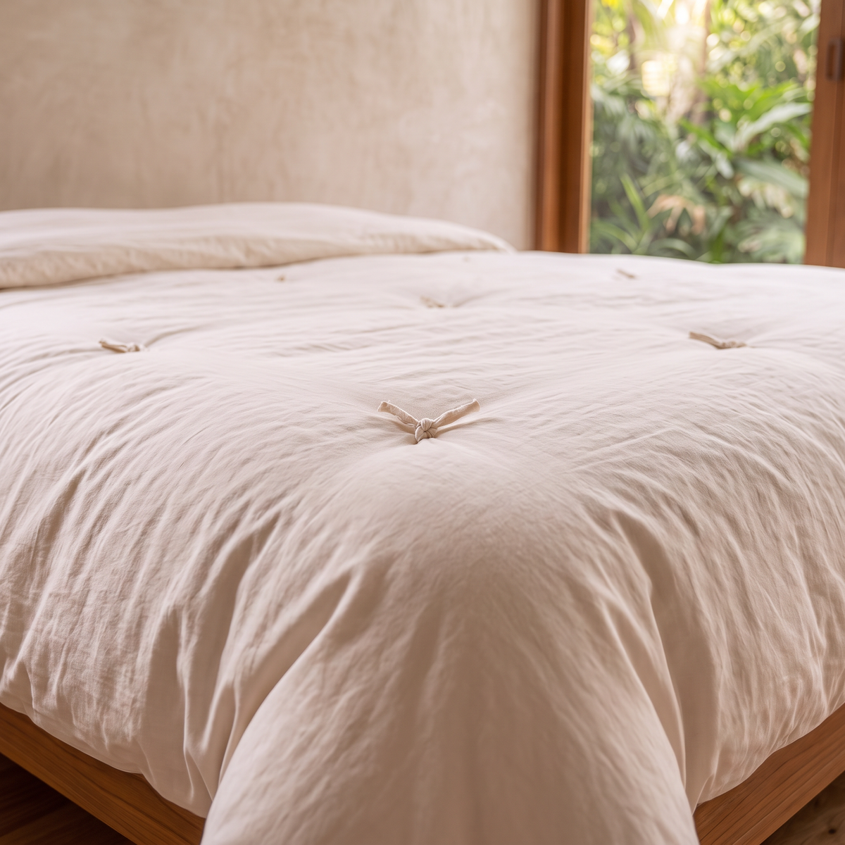 Corner of the MAREA organic cotton duvet on the bed showing the crinkled organic cotton sateen shell and hand tufting