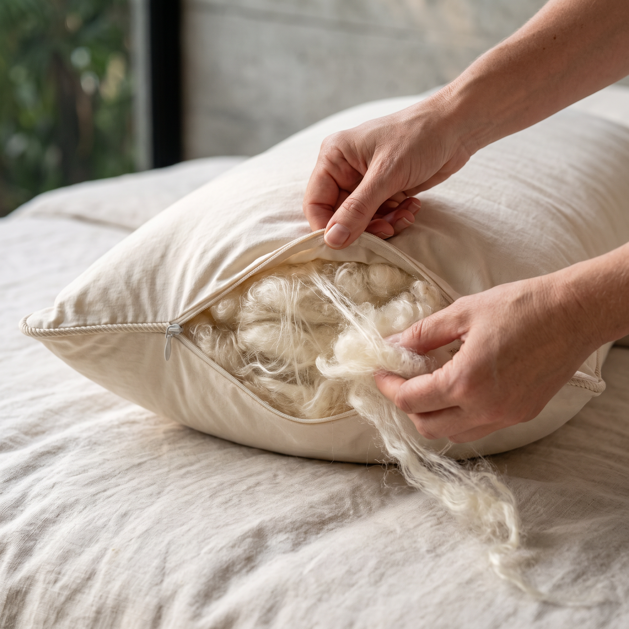 Hands drawing a handful of wild harvested kapok from the unzipped end of a MAREA kapok pillow on a linen bed
