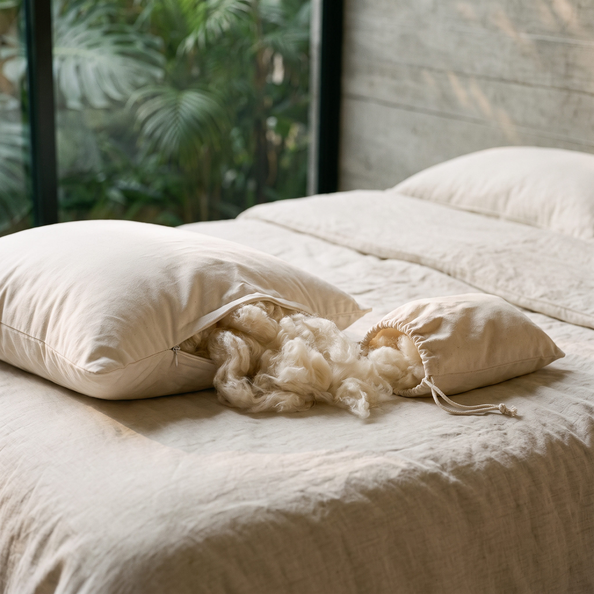 MAREA wild harvested kapok refill pouch beside an unzipped kapok pillow with silky fiber spilling onto linen bedding