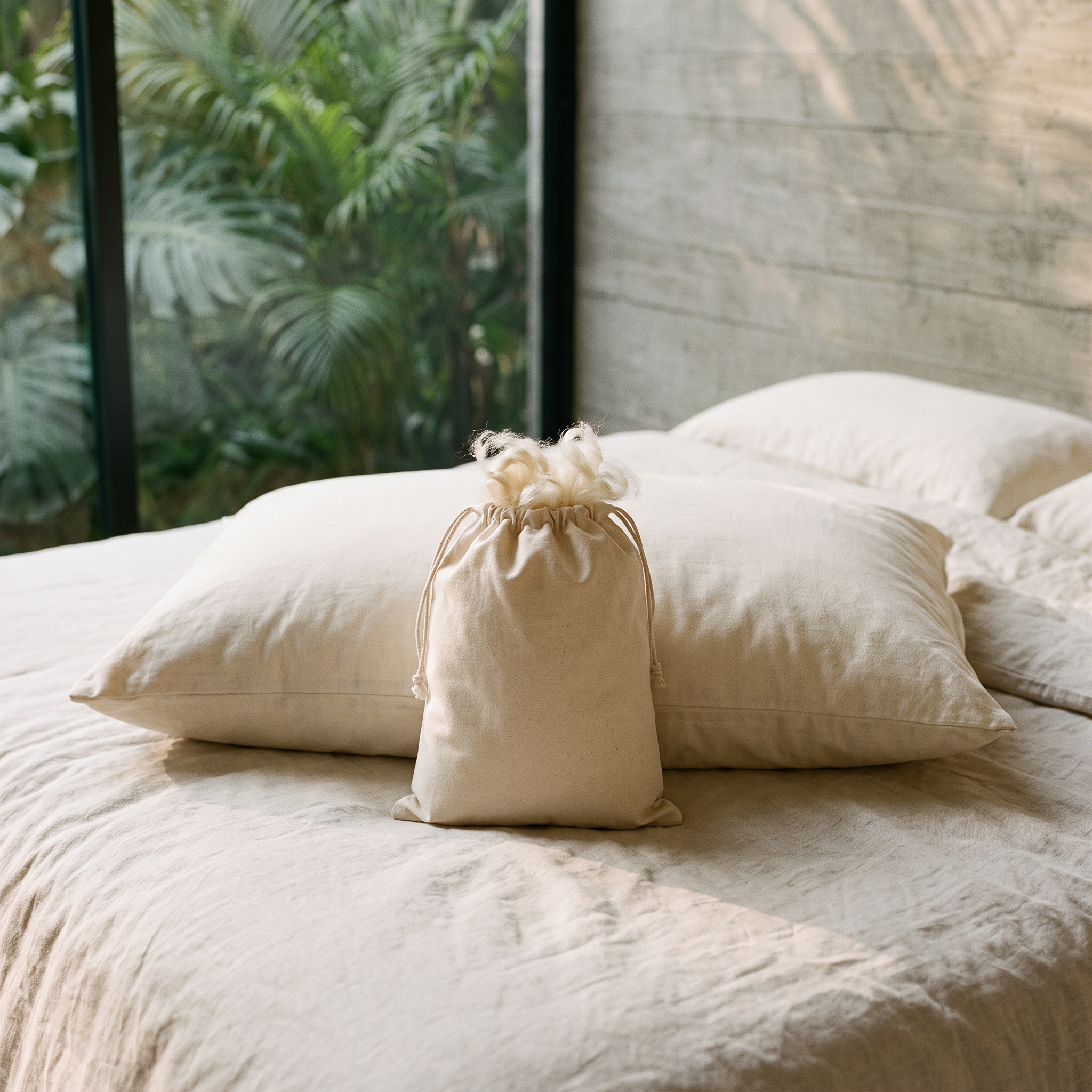 A small ecru cotton drawstring pouch of wild harvested kapok refill standing on a linen bed