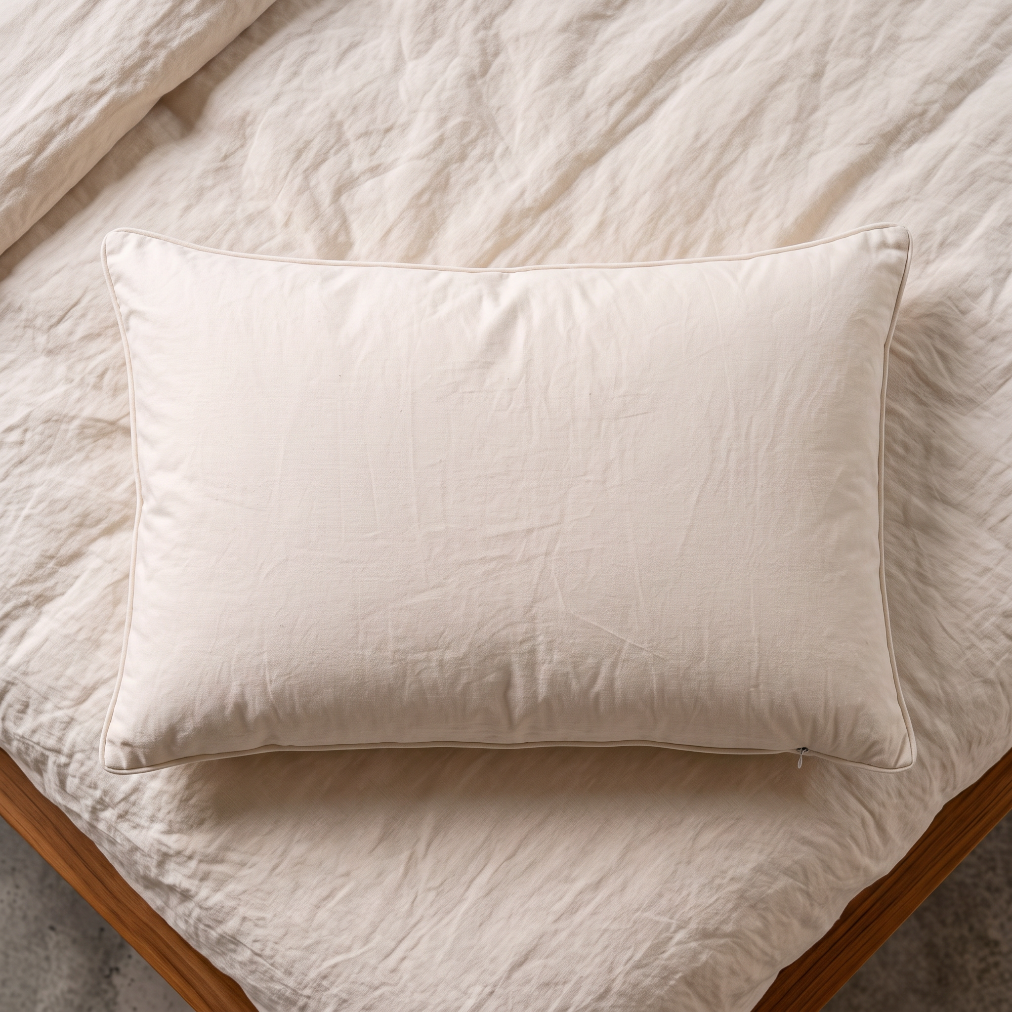 MAREA wild harvested kapok pillow seen from directly above on warm ivory linen bedding, showing its full shape and proportions