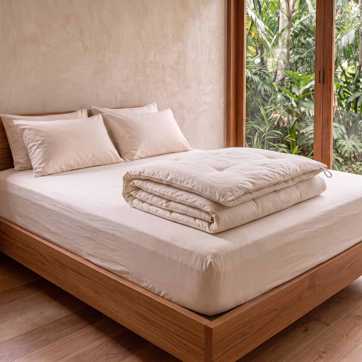 MAREA organic cotton duvet insert folded at the foot of the bed on an ivory fitted sheet, showing the thick layered cotton fill and a corner loop