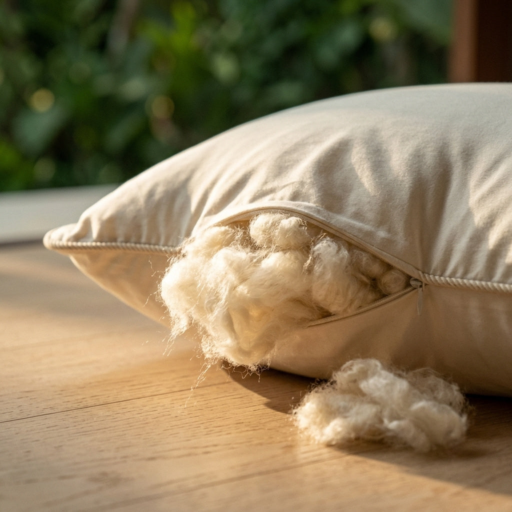 MAREA kapok body pillow with the hidden zipper open and silky wild harvested kapok fiber spilling out, showing the adjustable loft