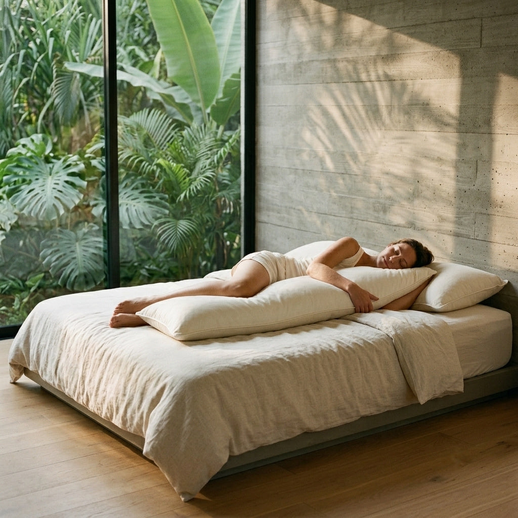 Woman side sleeping with the MAREA kapok body pillow running from under her chin down between her knees in a sunlit bedroom