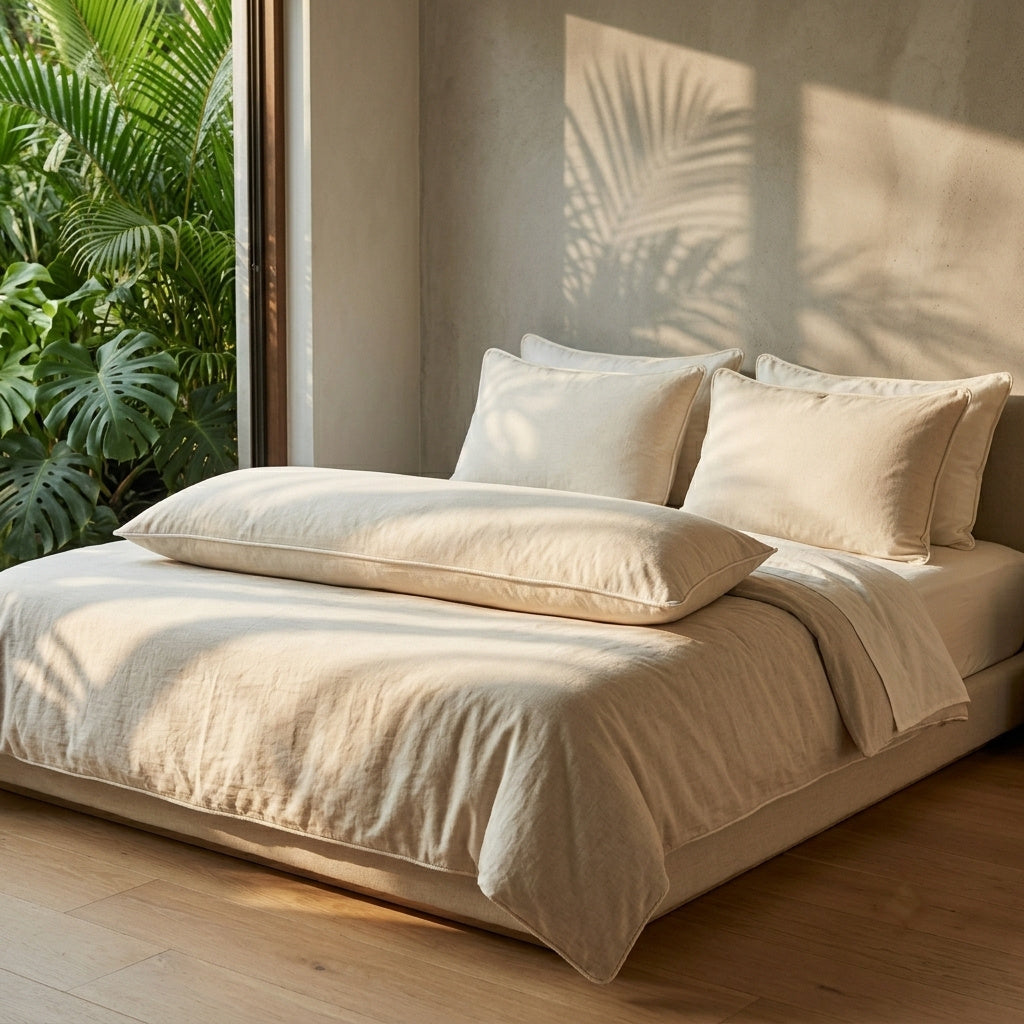 MAREA kapok body pillow laid across a linen bed with two MAREA queen kapok pillows behind it, showing the scale of the 54 inch body pillow