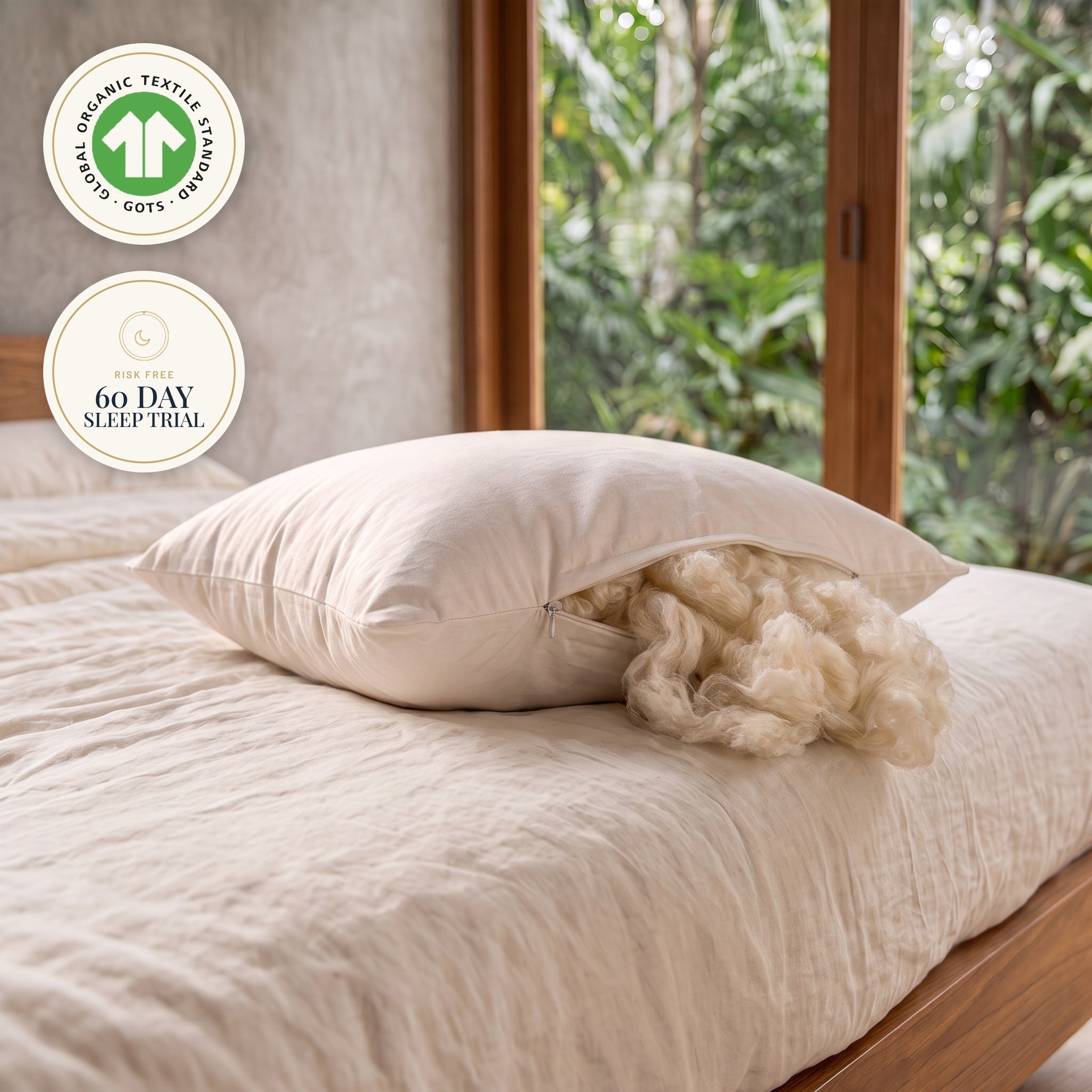 MAREA wild harvested kapok pillow on a linen bed with the side zipper open and silky kapok fiber spilling out, badged GOTS certified organic cotton and 60 day risk free sleep trial