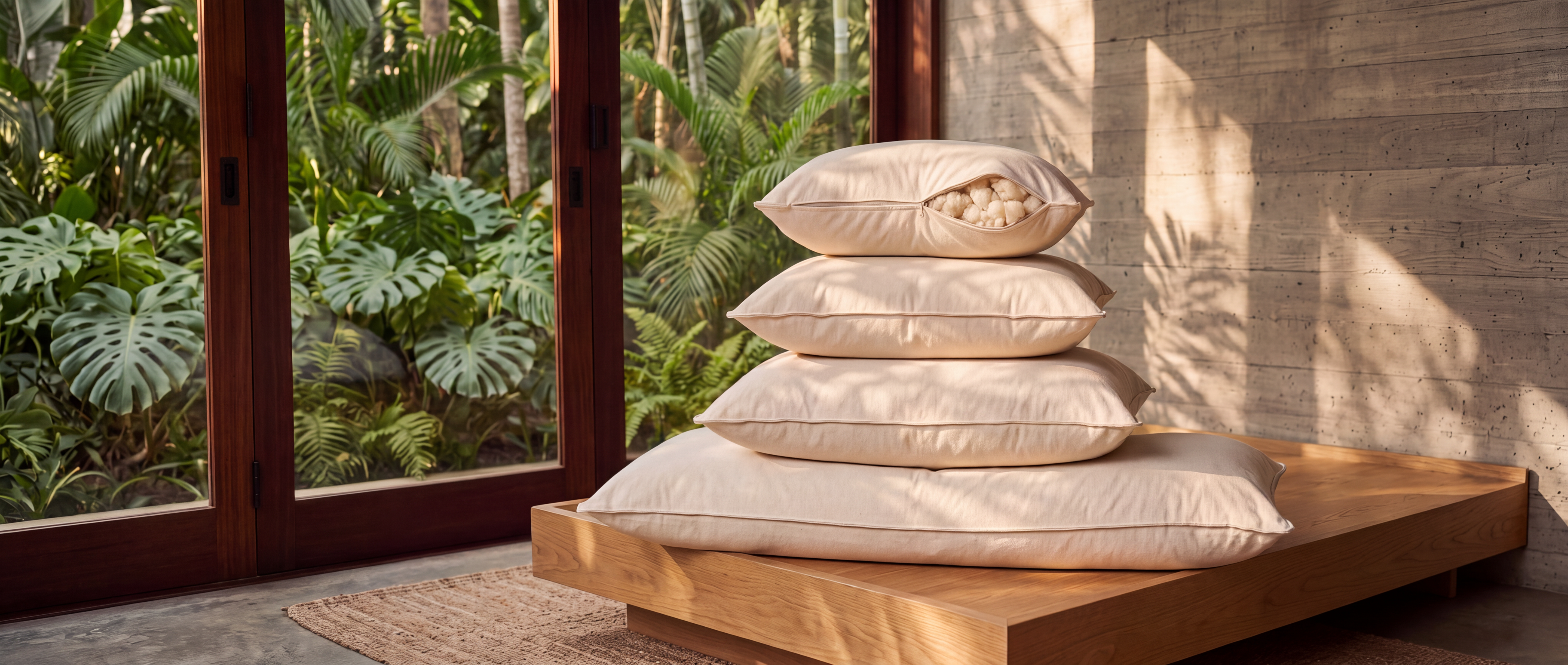 Stack of four ivory MAREA kapok pillows on an oak bench beside a jungle window