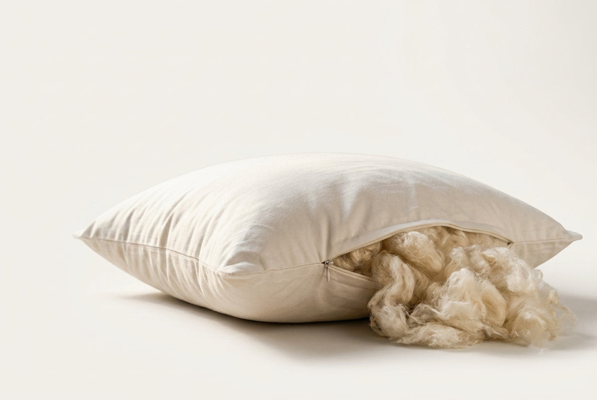MAREA wild harvested kapok pillow on a linen bed with the side zipper open and silky kapok fiber spilling out
