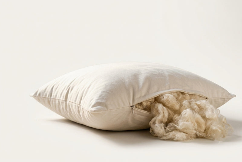 MAREA wild harvested kapok pillow on a linen bed with the side zipper open and silky kapok fiber spilling out