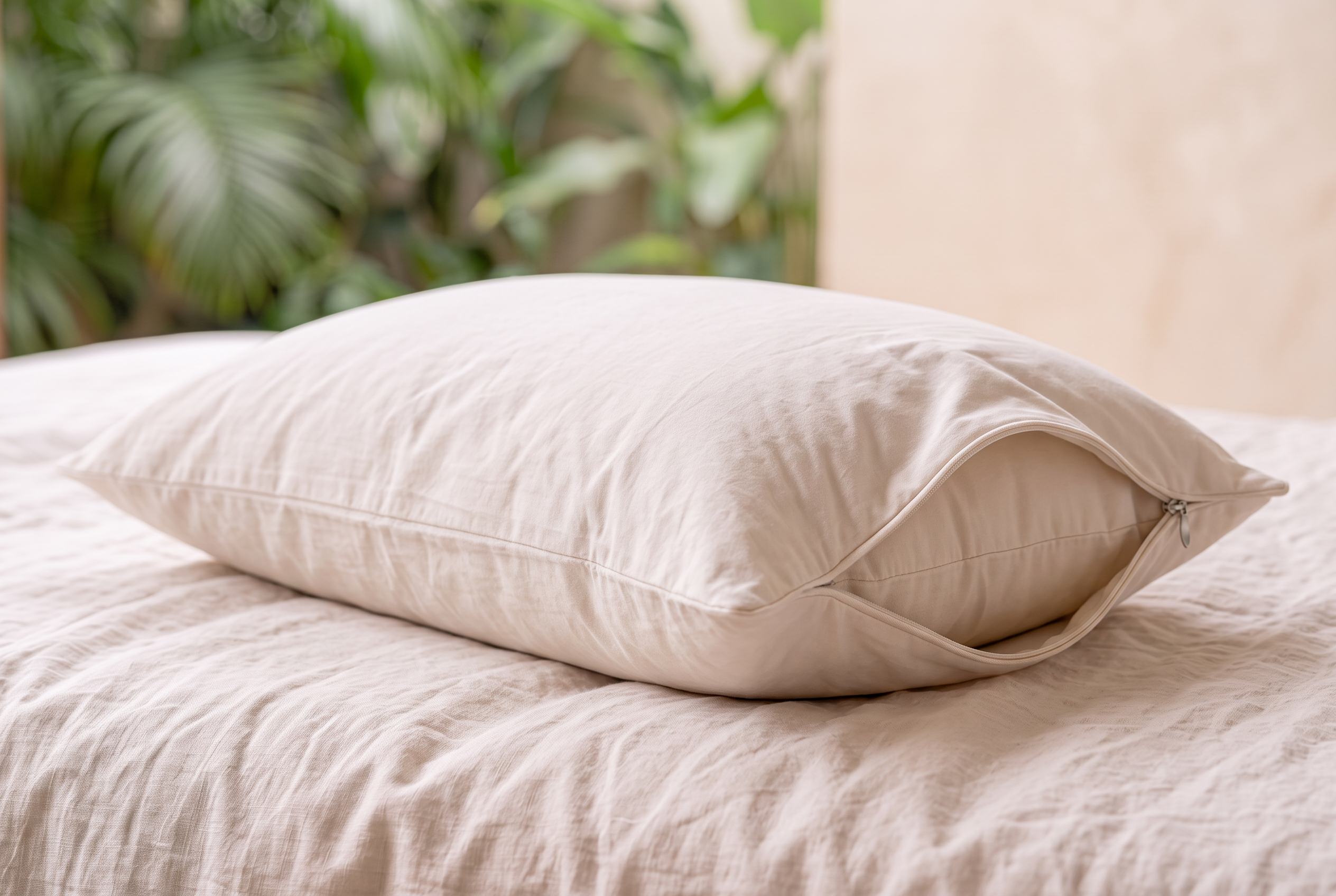 MAREA organic cotton sateen pillow cover on a bed, hidden zipper partly open showing the inner pillow