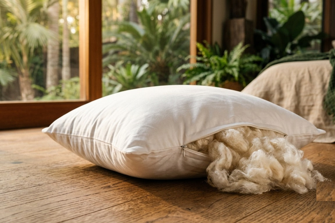 MAREA kapok pillow with the zipper open and kapok fiber beside it