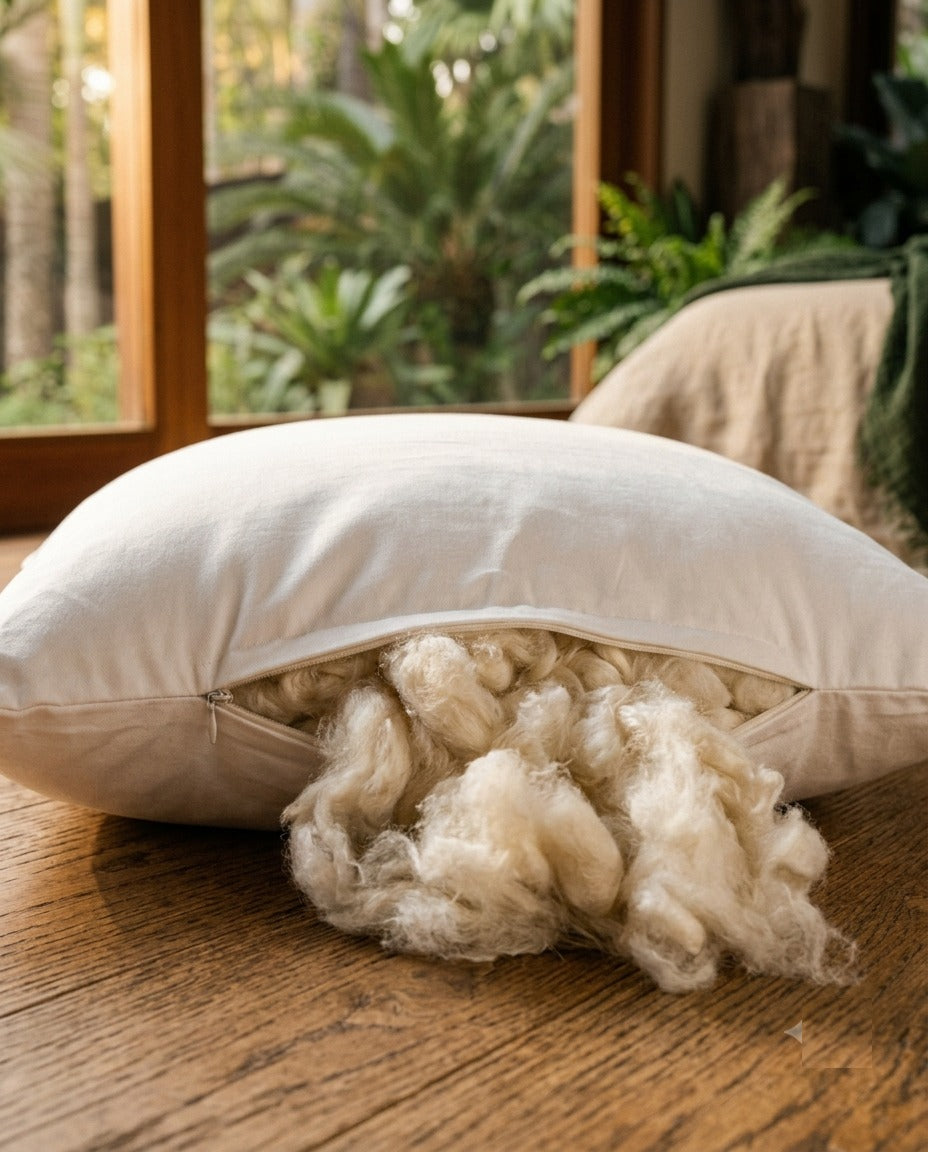 MAREA kapok pillow with the zipper open and kapok fiber beside it
