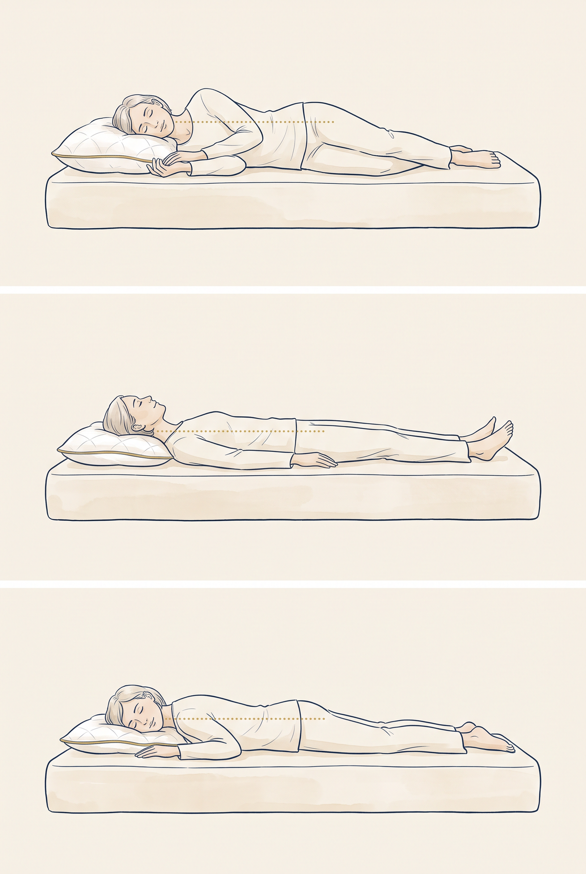 Side sleeper resting on a full MAREA pillow, head level with the spine